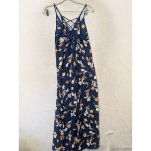 Xhilaration Jumpsuit Women's XS Navy Blue Floral Lace Up Back Wide Leg Boho